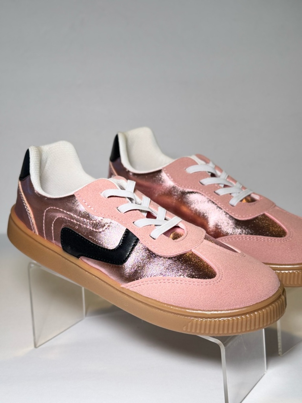 Pink Metallic Low-Top Sneakers with Black Accent for kids
